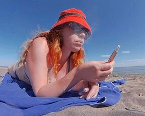 Ginger Redhead MILF Smoking Iqos Cigarette in Swimsuit on the Beach