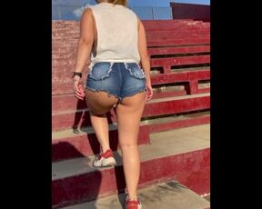 Katy Kampa hotwife climbing stairs mini shorts